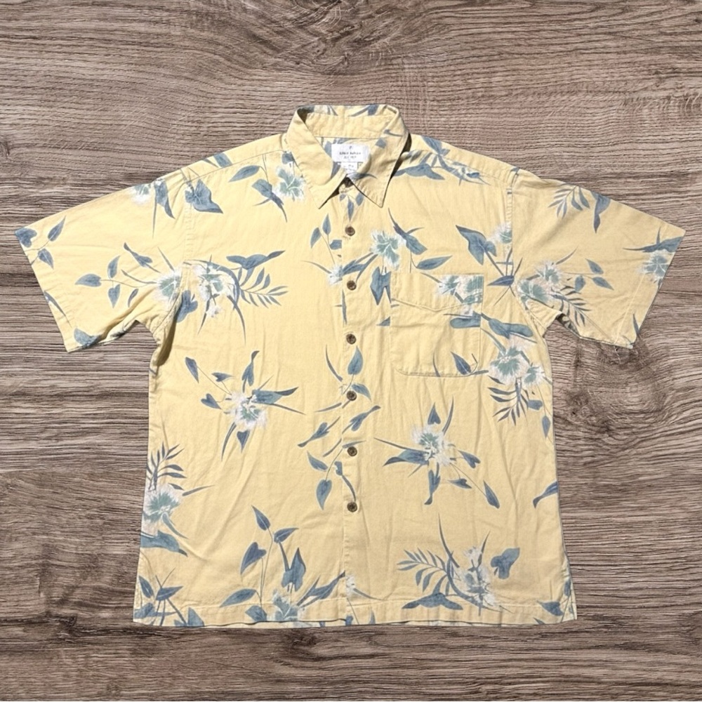 🌴 STEAL! Vintage Bill Blass 100% SILK Hawaiian Shirt L Yellow Floral-FLAWED